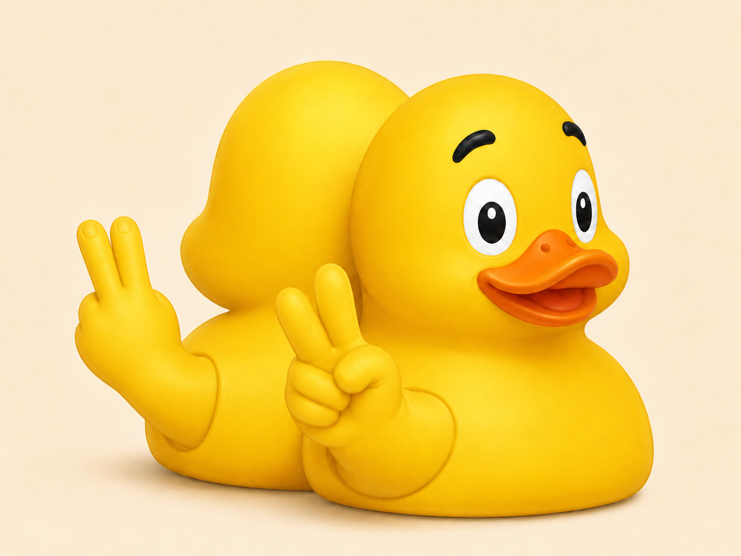 Concept illustration of The Everywhere Duck, a cheerful yellow duck with two outward-facing fronts and two waving hands